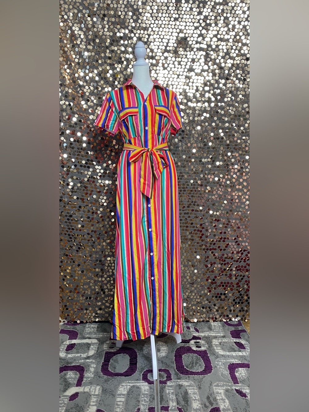 Vibrant Multicolor Striped Button-Up Dress #1527